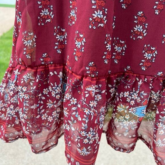 Aula sheer burgundy top, ruffle hem & open shoulder, women's size M - Picture 10 of 12